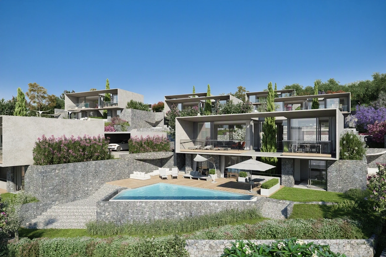Bodrum’da havuzlu villa yerleşimi